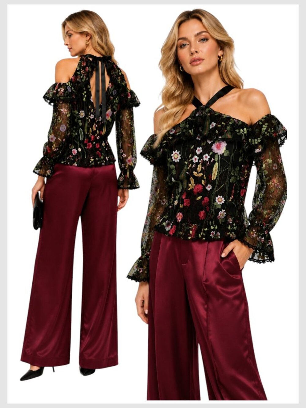 Alexis Black Garden Semi Sheer Embroidered Top M